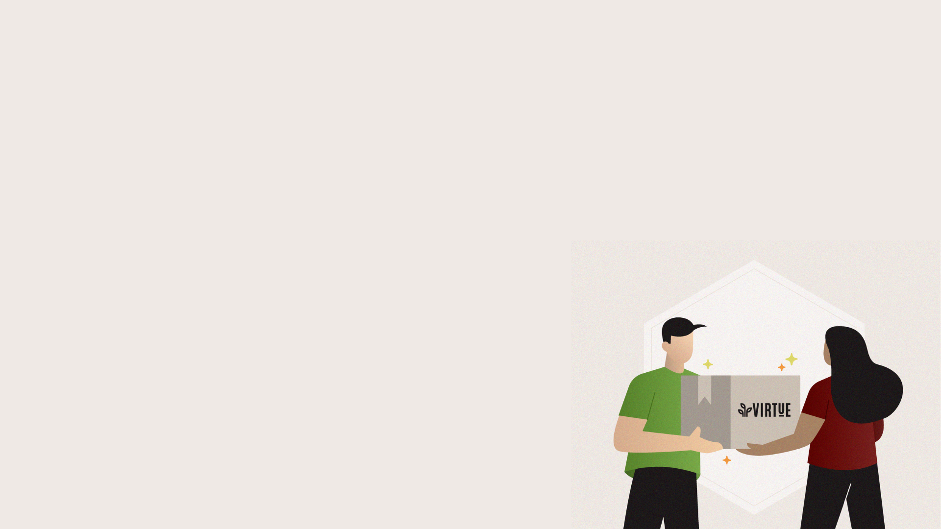 Illustration of a delivery person handing over a case of Virtue granola to a foodservice customer on a light gray background.